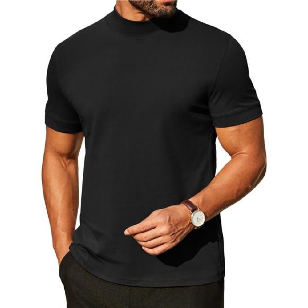 Mens Mock Turtleneck Shirts Casual Premium Cotton Short Sleeve Shirt